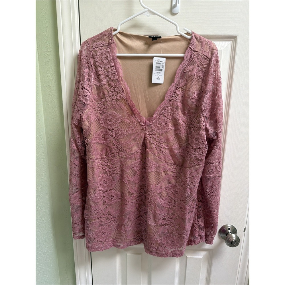 Torrid Stretch Lace Surplice Fitted Long Sleeve Top Sz 2X Mauve Sheer V-neck NWT
